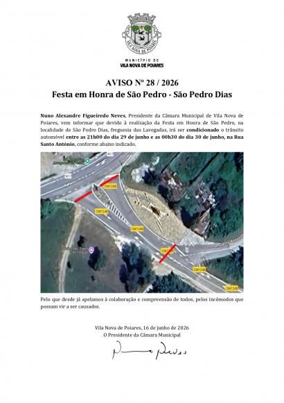 Aviso n.&ordm; 28/2026 | Condicionamento de tr&acirc;nsito devido &agrave; Festa em Honra de S&atilde;o Pedro